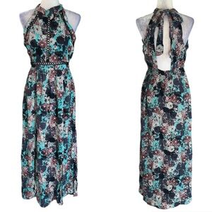NWT Angie Aqua & Purple Floral Crochet Lace Tie Neck Halter Maxi Dress - L